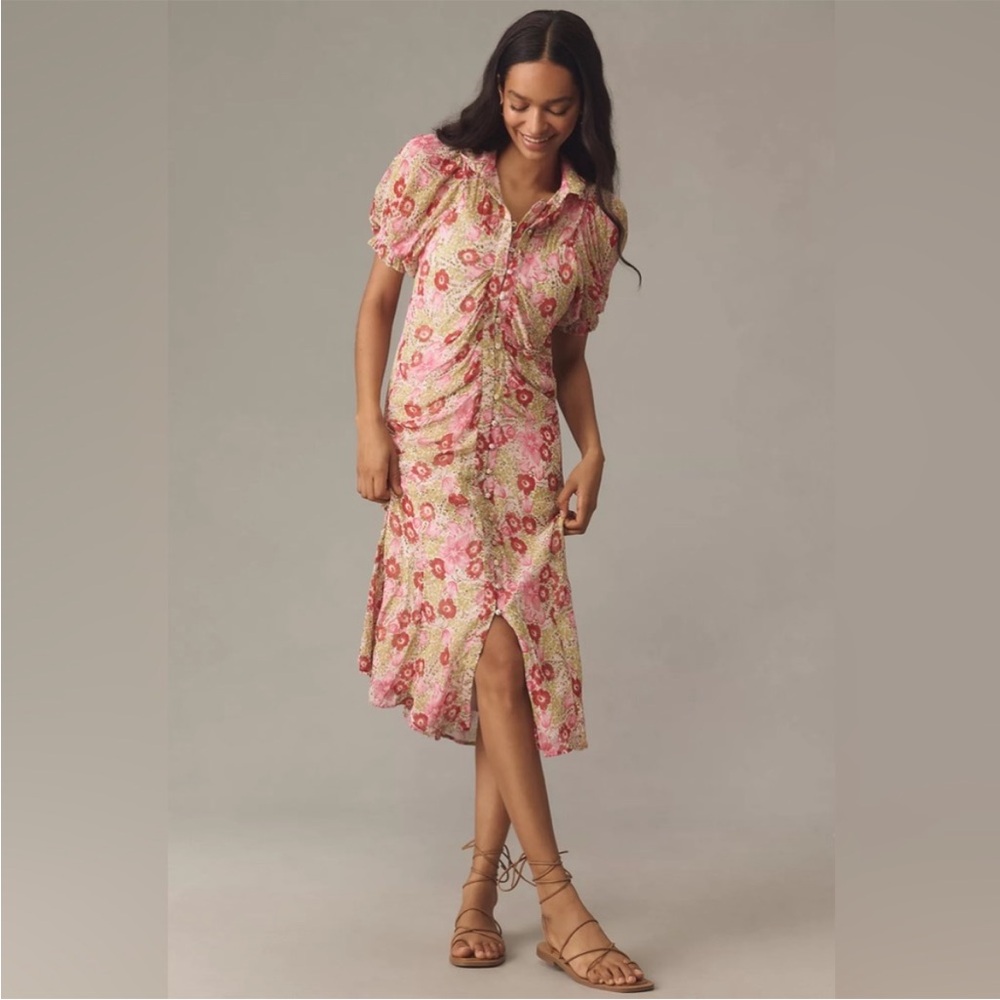 ANTHROPOLOGIE Pink Floral PUFF-SLEEVE RUCHED MESH MIDI SHIRT DRESS
